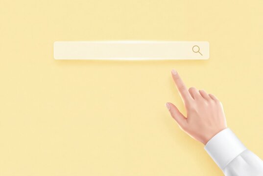 Hand pointing at a digital search bar on a yellow background with copy space