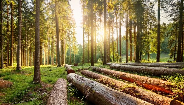 Forest Scene With Felled Logs Tall Trees And Sunlight