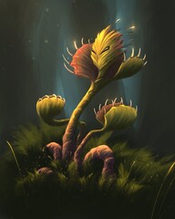 Digital illustration of a fantasy venus flytrap in clouds created by human © Anastasiya