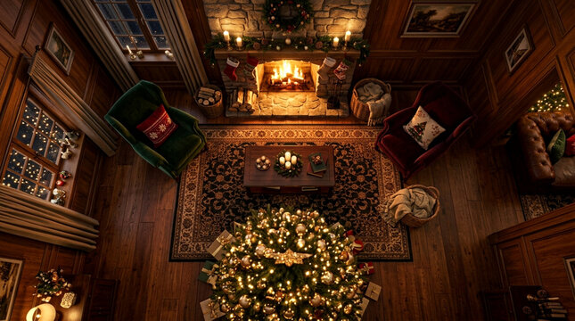 Cozy Holiday Interior with Blurred Christmas Tree Golden Bokeh and Warm Fireplace Background - Variation 28