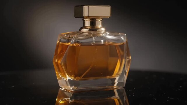 Amber perfume bottle rotating on a dark reflective studio surface