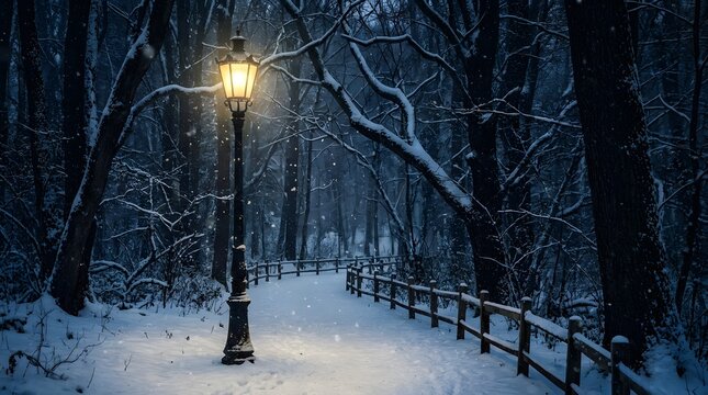 Snowy park path illuminated by a vintage lamppost during a winter snowfall