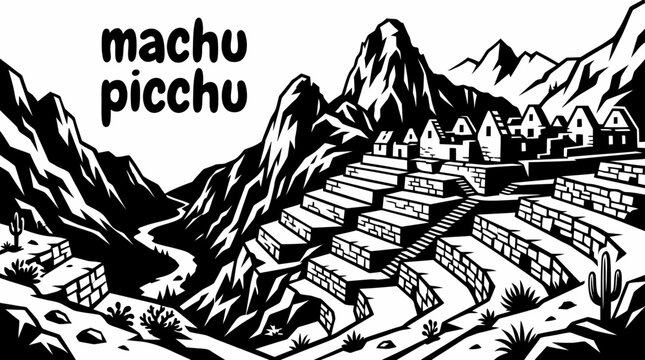 machu picchu with ancient Incan stone terraces, mountain ruins, dramatic Andean scenery, historic archaeological architecture, iconic Peruvian landmark, detailed vector illustration for travel