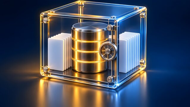 Glowing glass safe vault containing a metallic database and documents, representing ultimate cybersecurity, encrypted cloud storage, and secure information archiving.