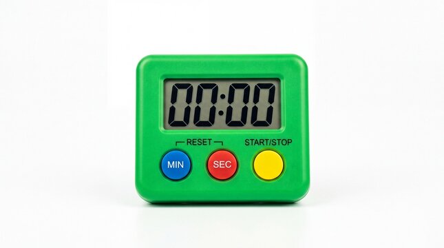 Bright green digital kitchen timer featuring colorful round buttons display screen showing zero on white background