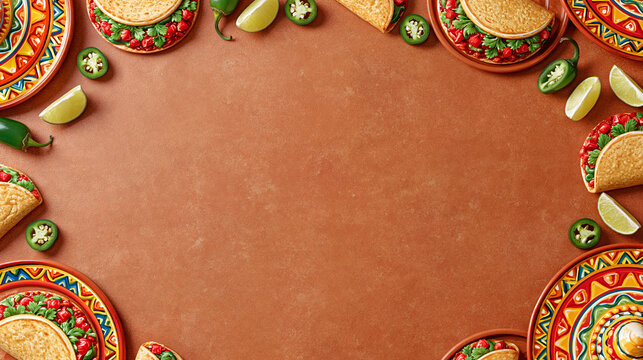 National taco day festive poster layout with colorful illustrated taco icons, jalape&ntilde;o slices, lime wedges, and sombrero motifs framing a terracotta textured backdrop in vertical