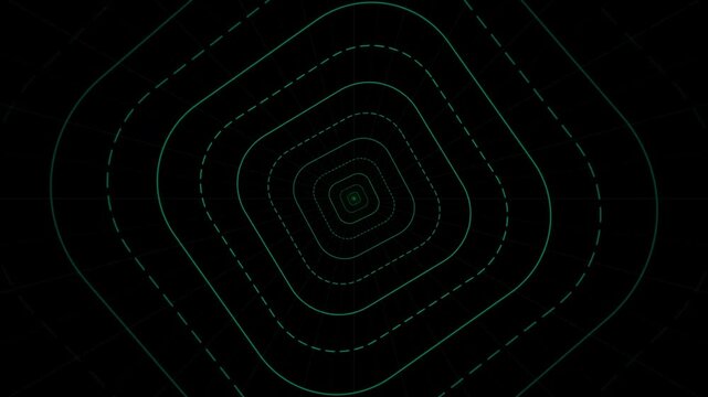 Abstract background with glowing green concentric rounded square shapes on black.