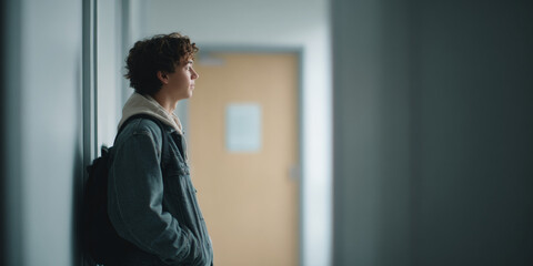 Fototapeta premium Teenage boy standing alone indoors