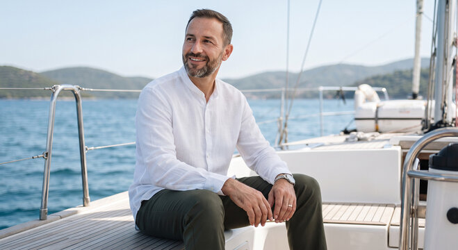 Man sitting on a sailboat deck enjoying the sea view