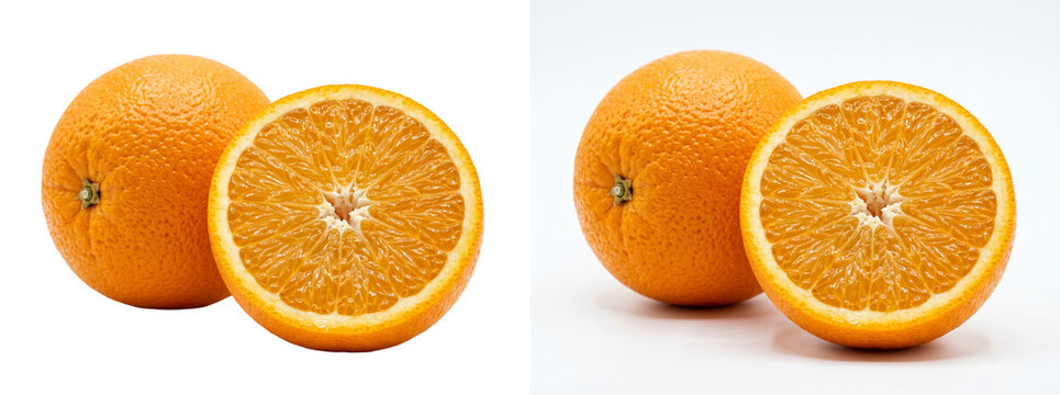 Fresh whole orange and half slice on white background. Ripe citrus fruit with textured peel. Juicy organic orange for healthy lifestyle.