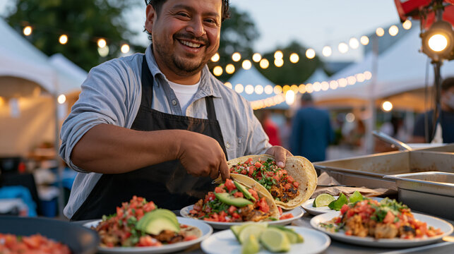 A street vendor in a vibrant outdoor market assembling loaded tacos on corn tortillas with grilled chicken, fresh pico de gallo, sliced avocado, and lime wedges under string
