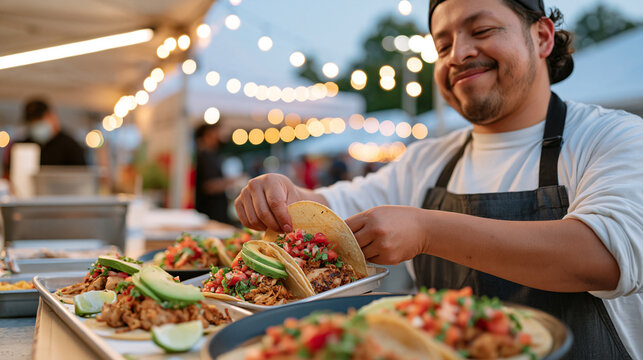 A street vendor in a vibrant outdoor market assembling loaded tacos on corn tortillas with grilled chicken, fresh pico de gallo, sliced avocado, and lime wedges under string