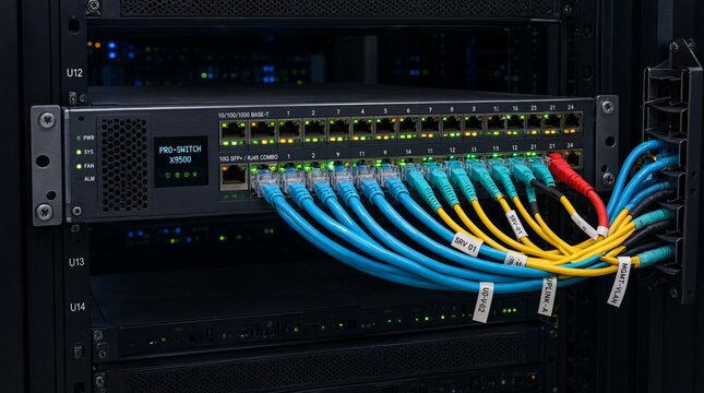 Network Switch With Ethernet Cables In Server Rack