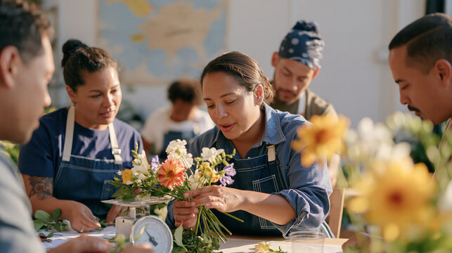A florist group under harsh midday sun weighs flower stems on a delicate scale near a faded delivery map on the wall, the multicultural gathering of veteran spouses capturing the