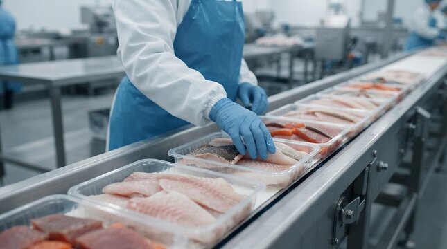 Fish processing factory worker packaging raw salmon and white fish fillets, seafood production line in food industry facility