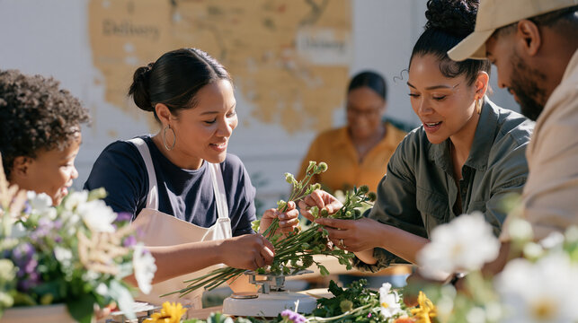 A florist group under harsh midday sun weighs flower stems on a delicate scale near a faded delivery map on the wall, the multicultural gathering of veteran spouses capturing the