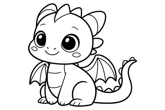 Cute cartoon dragon illustration in black outline style, featuring large eyes and small wings, suitable for coloring book pages and children's activities