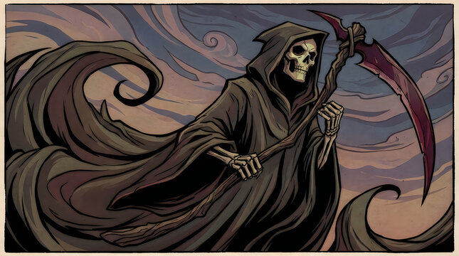 Grim Reaper holding a sharp scythe in a dark gloomy setting illustration