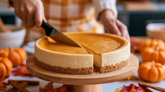 A home baker slicing into a creamy spiced pumpkin cheesecake with a golden graham cracker crust on a wooden cake stand surrounded by mini pumpkins, autumn leaves, and cinnamon