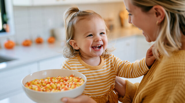 A toddler stares wide-eyed at a bowl of candy corn held up by their parent on national candy corn day, festive autumn kitchen decorated with small carved pumpkins, warm playful