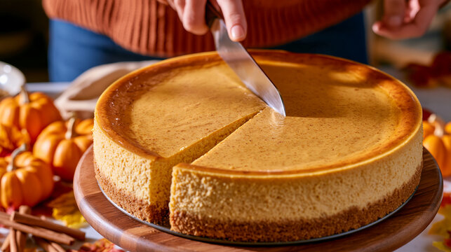 A home baker slicing into a creamy spiced pumpkin cheesecake with a golden graham cracker crust on a wooden cake stand surrounded by mini pumpkins, autumn leaves, and cinnamon