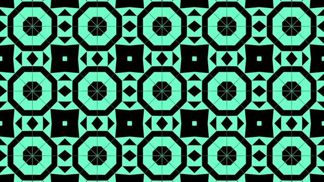 Dynamic seamless looping geometric animation in a high-contrast neon green and black color palette. A symmetrical, kaleidoscopic pattern morphs through intricate abstract shapes and interlocking grids