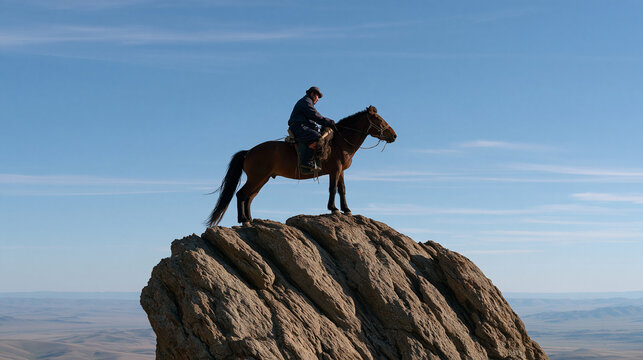 A Mongolian horseman hangs a ceremonial horse hair banner on a wind-carved rock formation at a high steppe memorial site, his silhouette small against the vast landscape as he