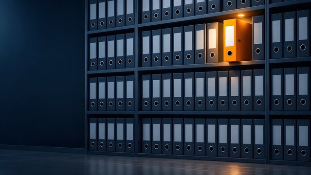 Conceptual corporate archive shelf highlighting glowing orange binder representing confidential document retrieval targeted data extraction and critical business information