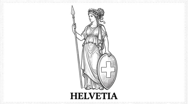 Vintage engraved Helvetia female personification of Switzerland holding spear and Swiss cross shield symbol design
