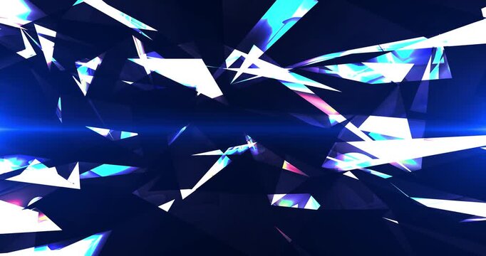 Abstract blue crystalline shards and geometric polygon fragments scattered across a dark background, creating a futuristic technology-inspired composition with reflective surfaces