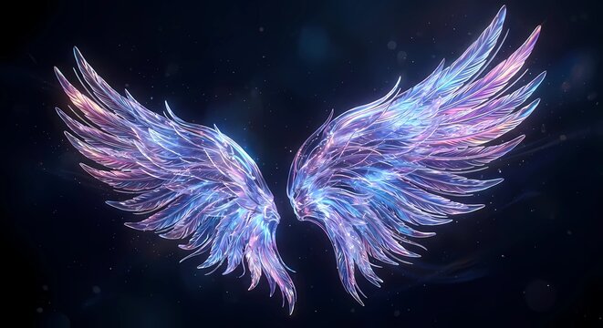 Abstract 3D glowing neon blue and purple glass angel wings on a dark background