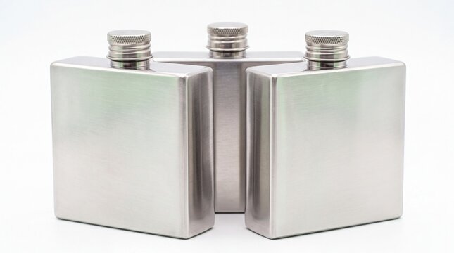 Three polished stainless steel hip flasks arranged together for a professional studio photography shot on white background