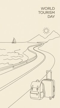 World tourism day hand drawn illustration with travel luggage backpack suitcase and scenic coastal road landscape with mountains and sea Vector