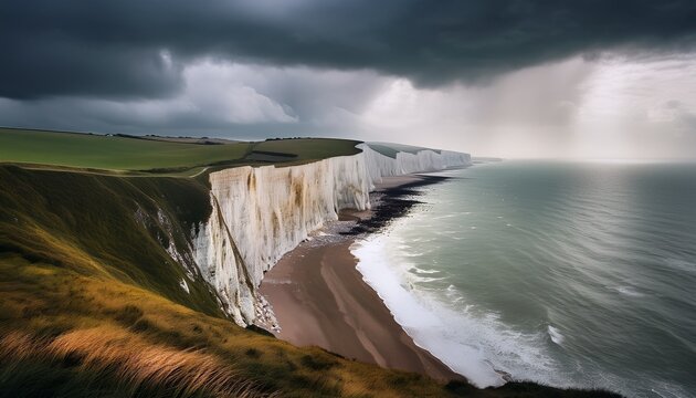 Dover White Cliffs And Expansive Coastline Overcast Weather Cinematic Landscape