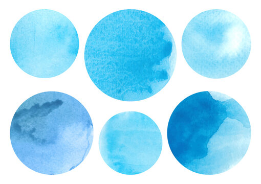 Set of blue watercolor circles on white background