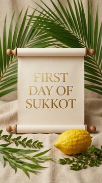 First day of sukkot greeting card with a scroll paper parchment, etrog fruit and green palm leaves background Vector