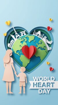 Mother and child standing together for world heart day with globe and world landmarks in paper art style Vector