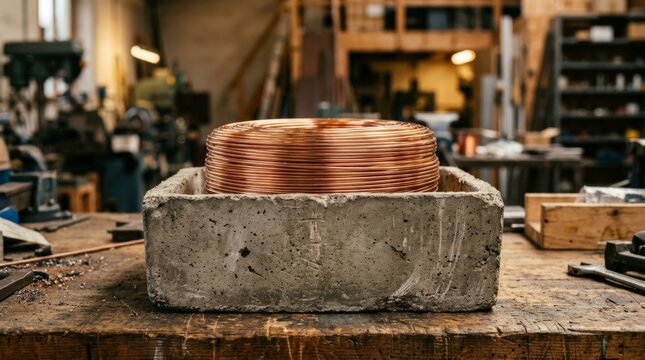 A coiled pile of bright copper wire scrap rests securely inside a heavy concrete container placed on top of a worn wooden workbench in a cluttered metal workshop environment