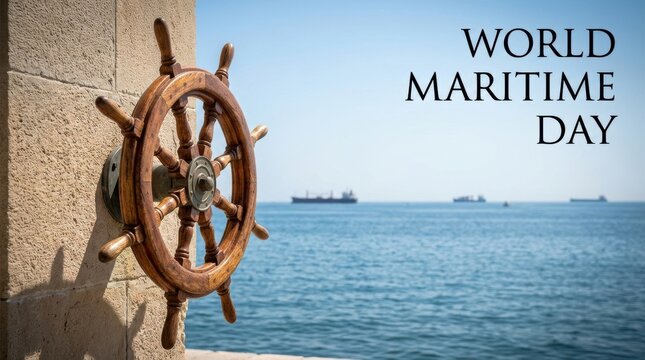 Wooden ship steering wheel with world maritime day text overlooking the ocean with cargo ships on the horizon Vector