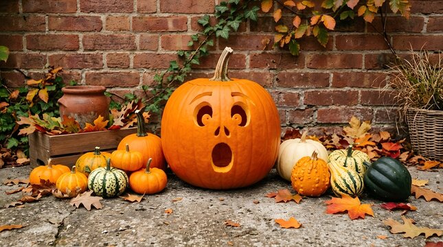 Pumpkin with carved face and surrounding gourds in outdoor fall setting with natural light