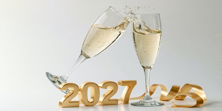 Happy new Year 2027, New Year's eve party celevration greeting card - two champagne or sparkling wine glasses clinking together