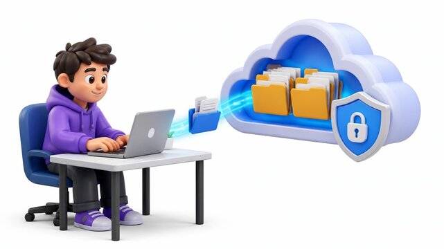 Cloud Computing Security: A young student with a laptop uploads files to a secure cloud storage system, depicted in a clean, 3D cartoon style.