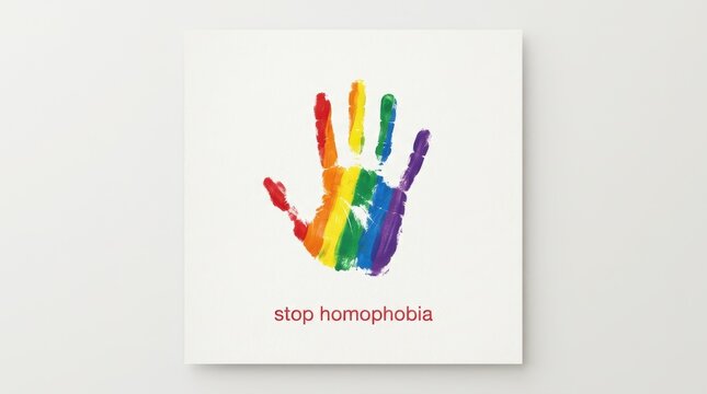 Colorful rainbow handprint with the text stop homophobia for equality and human rights awareness Vector