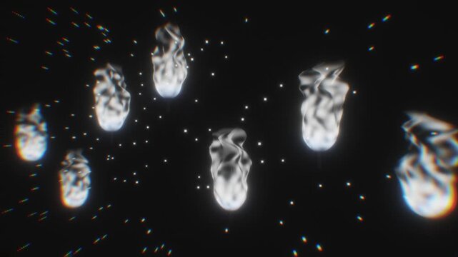 White ghost spirits float and drift with chromatic aberration across a dark atmospheric space in a 3D Halloween render