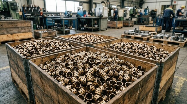 Industrial factory setting with large wooden crates filled with bronze plain bearings, machinery and workers in the background.