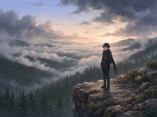 Obraz premium Anime style illustration. Young male adventurer in winter scarf stands on rocky cliff overlooking vast pine forest covered in dense fog. Moody landscape features gentle rain and warm