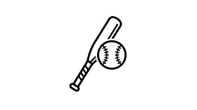 Minimalist black and white baseball bat and ball icon design featuring clean bold lines and sharp vector edges suitable for sports branding or creative graphic design projects and web applications.