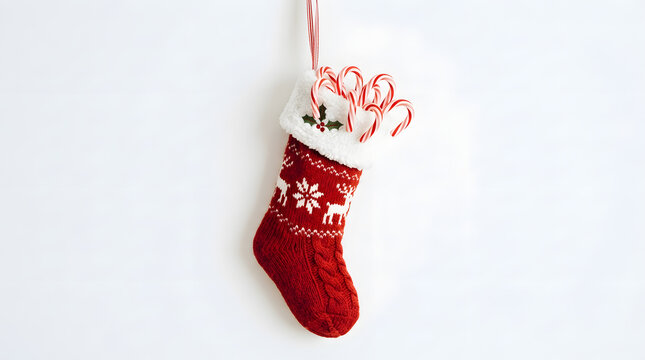 Christmas stocking filled with candy canes hangs against a plain transparent background wall ready for holiday surprises.