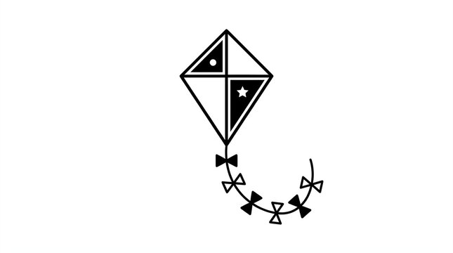 Decorative minimalist kite icon featuring bold geometric patterns and a long elegant tail with small bow shapes, rendered in a crisp black and white line art style for modern design.