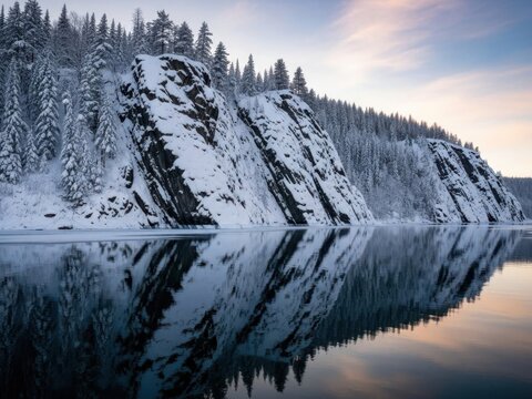 Snowy forest reflection lake landscape